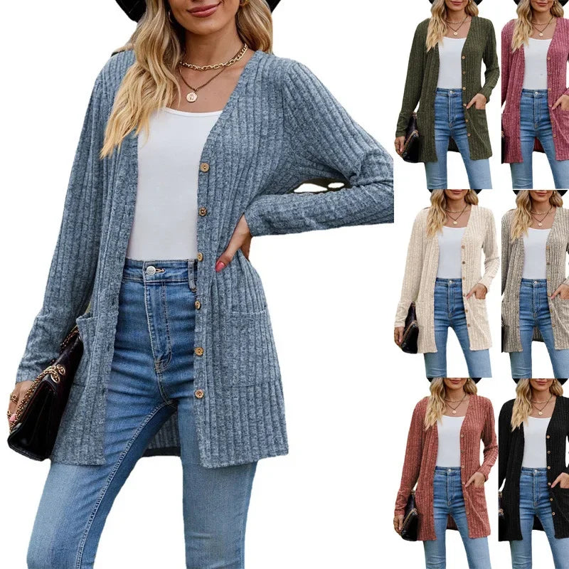 Women's Long Ribbed Button Front Cardigan Casual Knit Layer