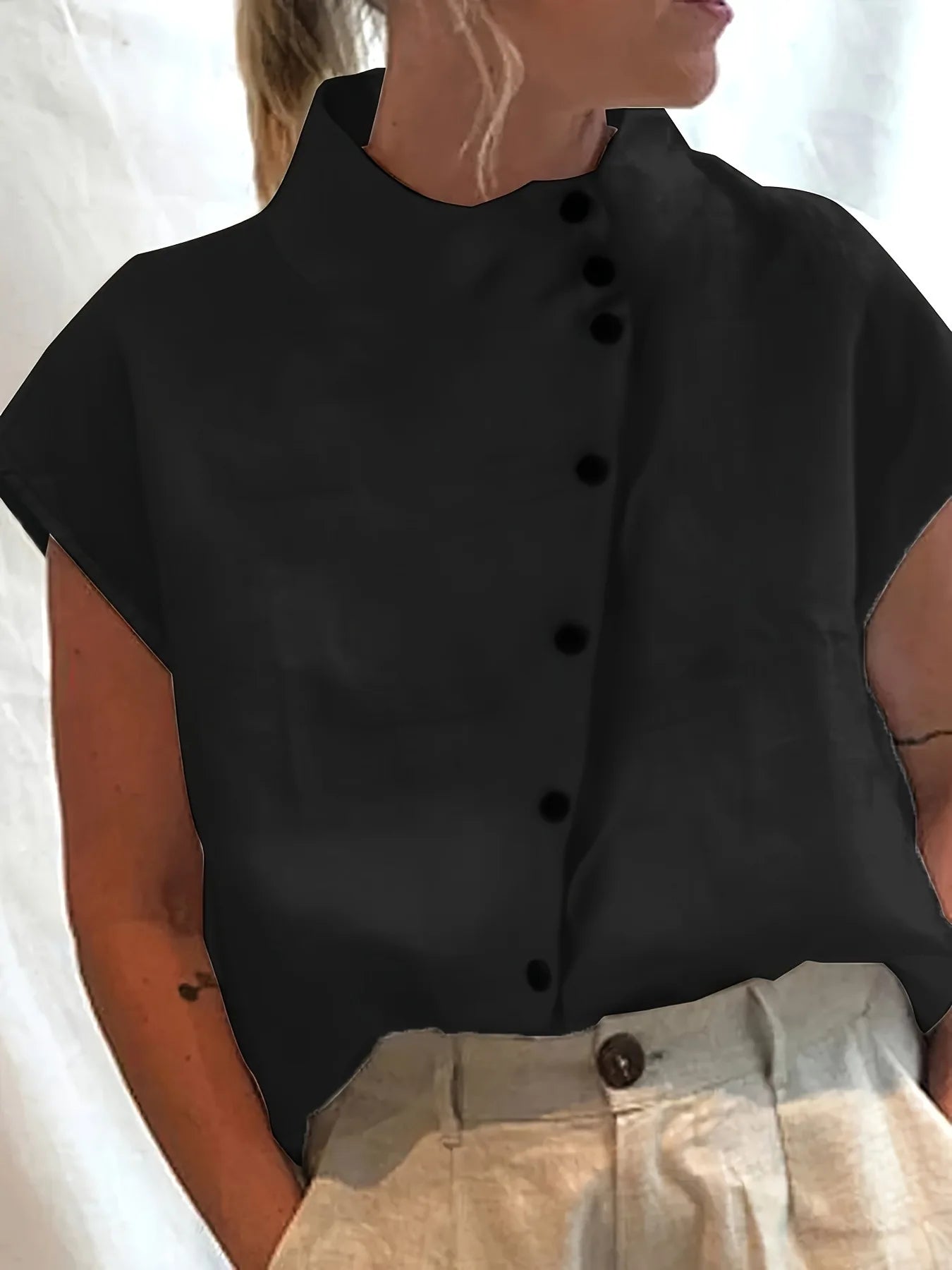Women's Stand Collar Short Sleeve Button Front Shirt