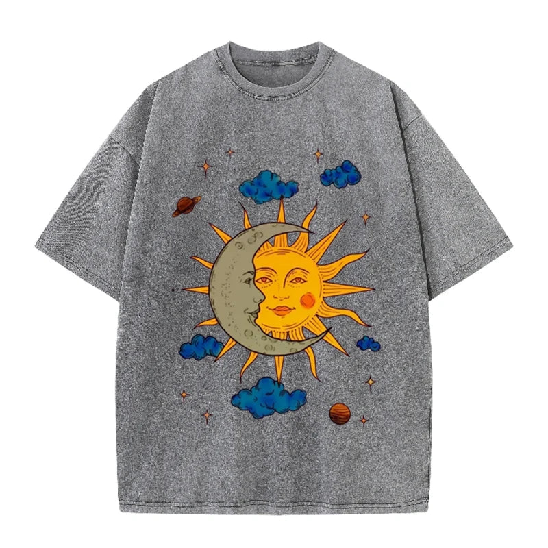Men's Moon and Sun Printed T-shirt Oversized Short Sleeved Retro Washed Shirt Summer Top
