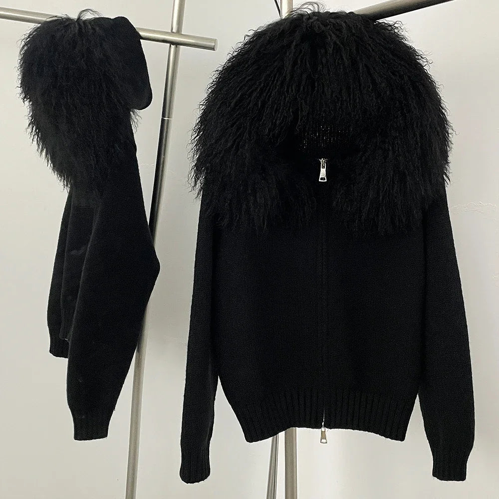 Women's Hooded Zip Front Fluffy Trim Jacket Casual Knit Layer