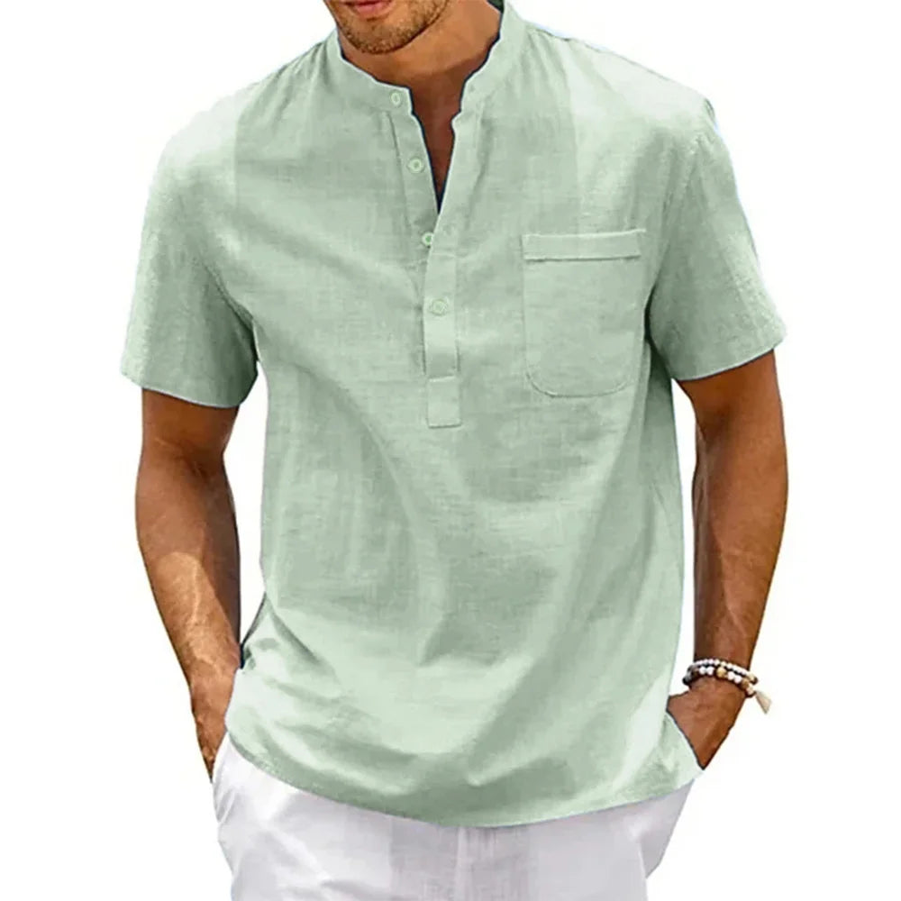 Men’s Short-Sleeve Cotton-Linen Henley Shirt