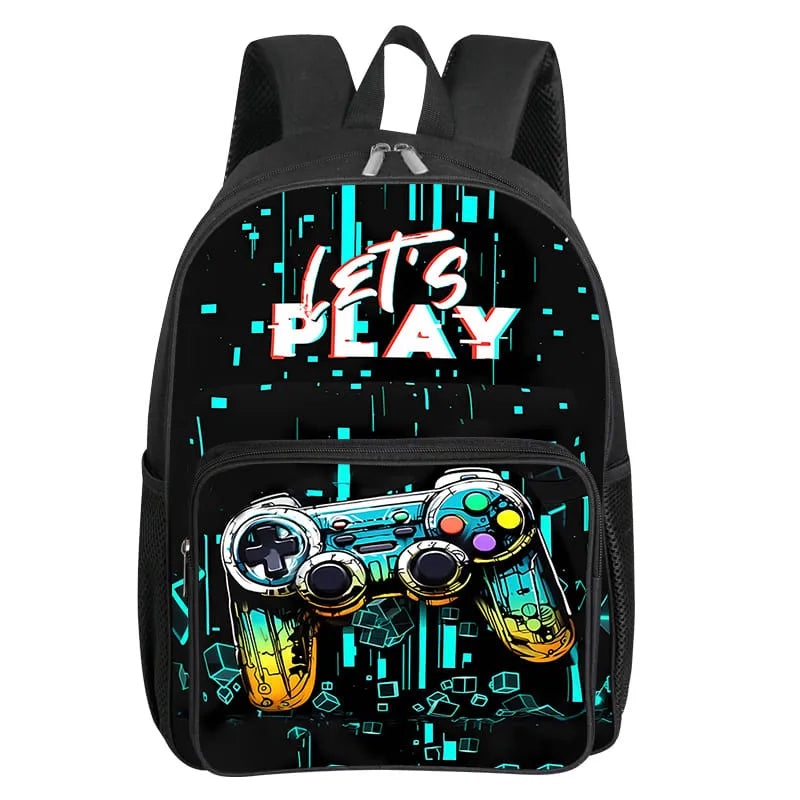 Children's Gamepad Print Backpack with Front Pocket and Twin Shoulder Straps