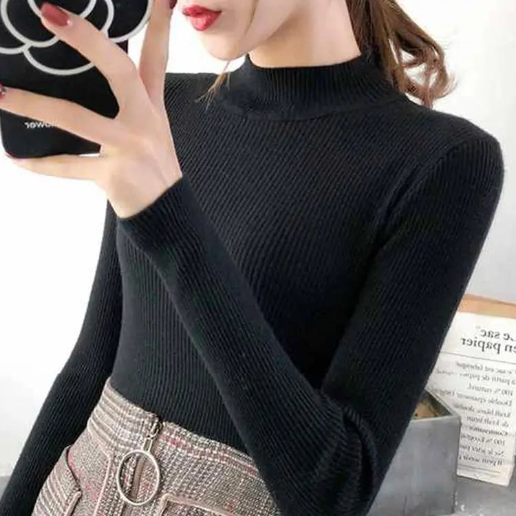Women's Plain Roll Neck Long Sleeve Sweater Casual Knit Layer