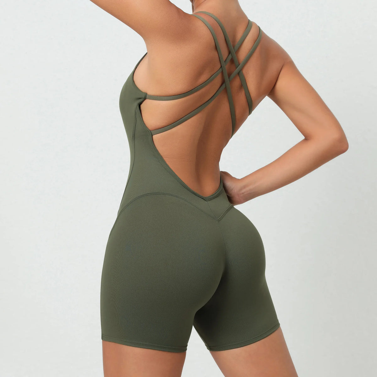 Women's Crisscross Back Nylon Blend Workout Romper with Scoop Neck