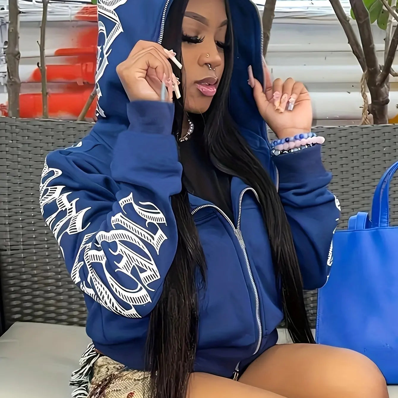 Letter Graphic Long Sleeve Full Zip Casual Hoodie