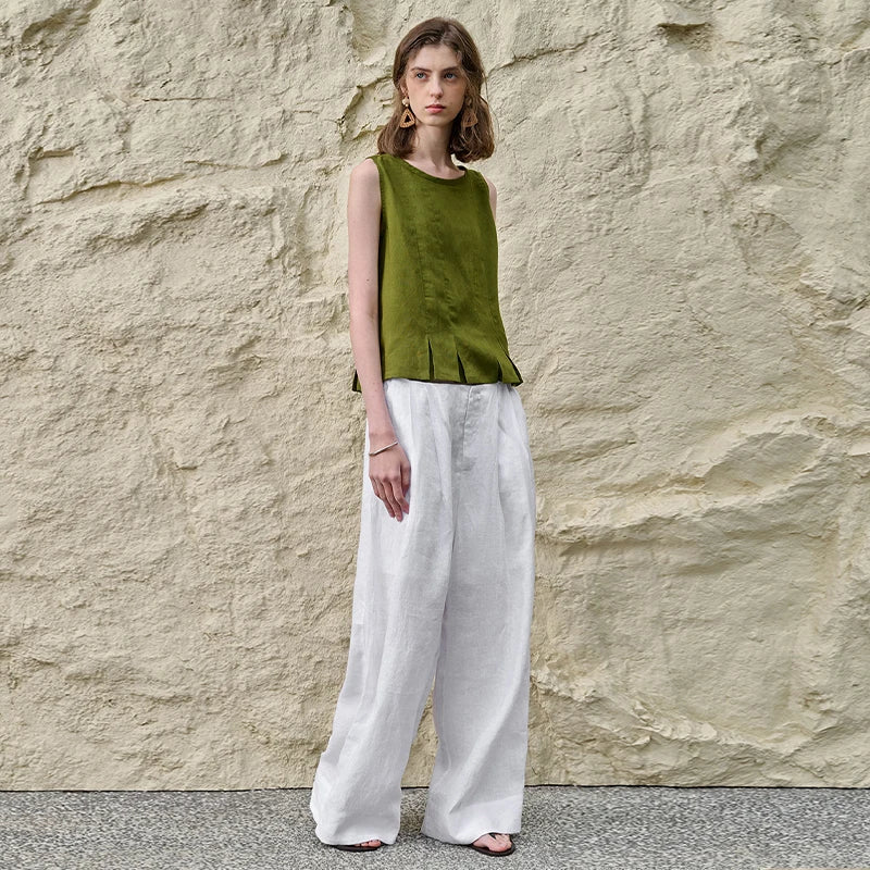 Women's Linen-Viscose Sleeveless Tank Top with Pleated Hem for Casual Summer Outfits