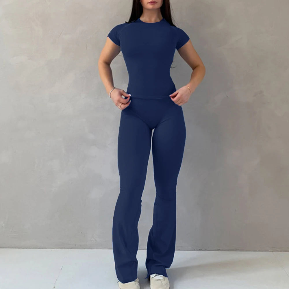Women's Tee And Flared Bottoms Yoga Set For Workout Outfits