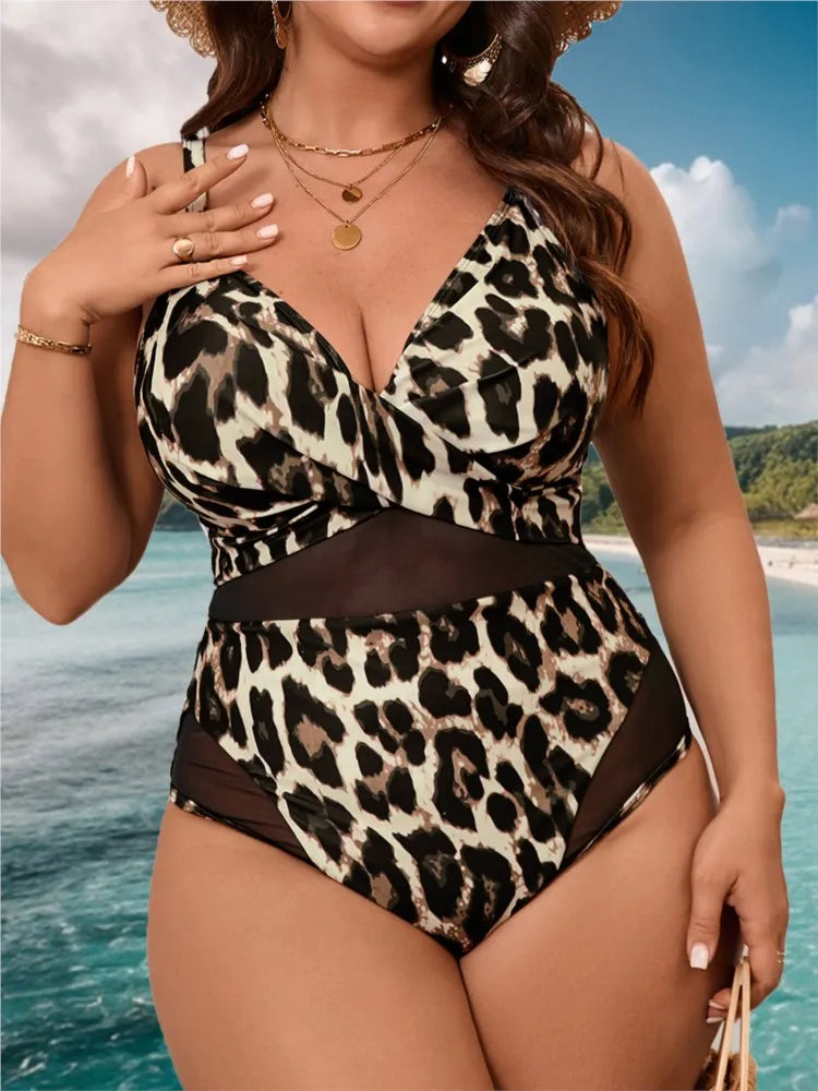 Women's Leopard Print Mesh Waist Strappy One Piece Swimsuit