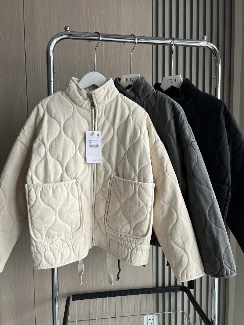 Stand Collar Long Sleeve Quilted Padded Casual Jacket