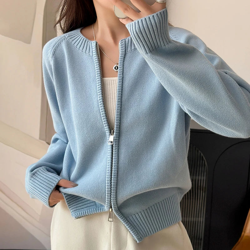 Women's Crew Neck Full Zip Cardigan Casual Knit Layer
