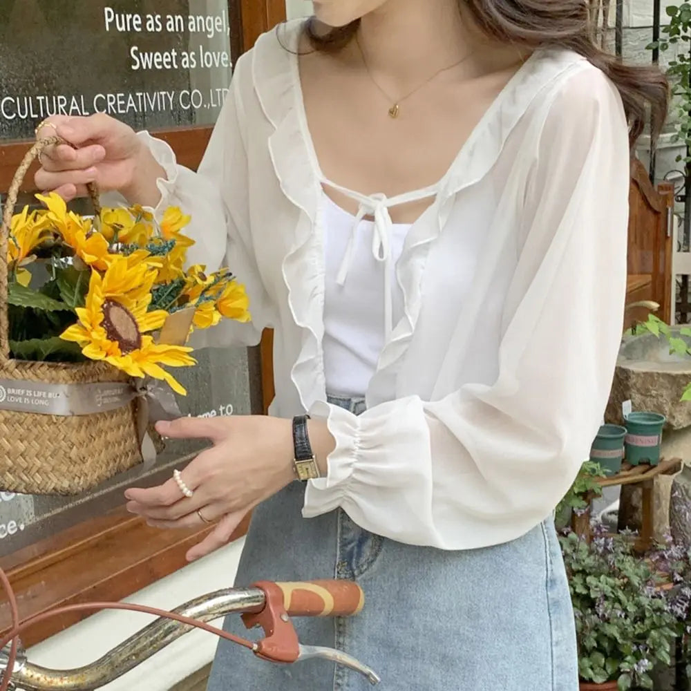 Sheer Tie Front Long Sleeve Cardigan for Layering over Outfits