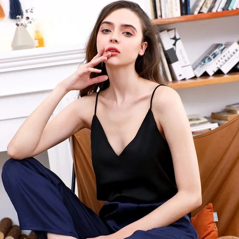 Women's V Neck Satin Silk Blend Camisole with Thin Shoulder Straps