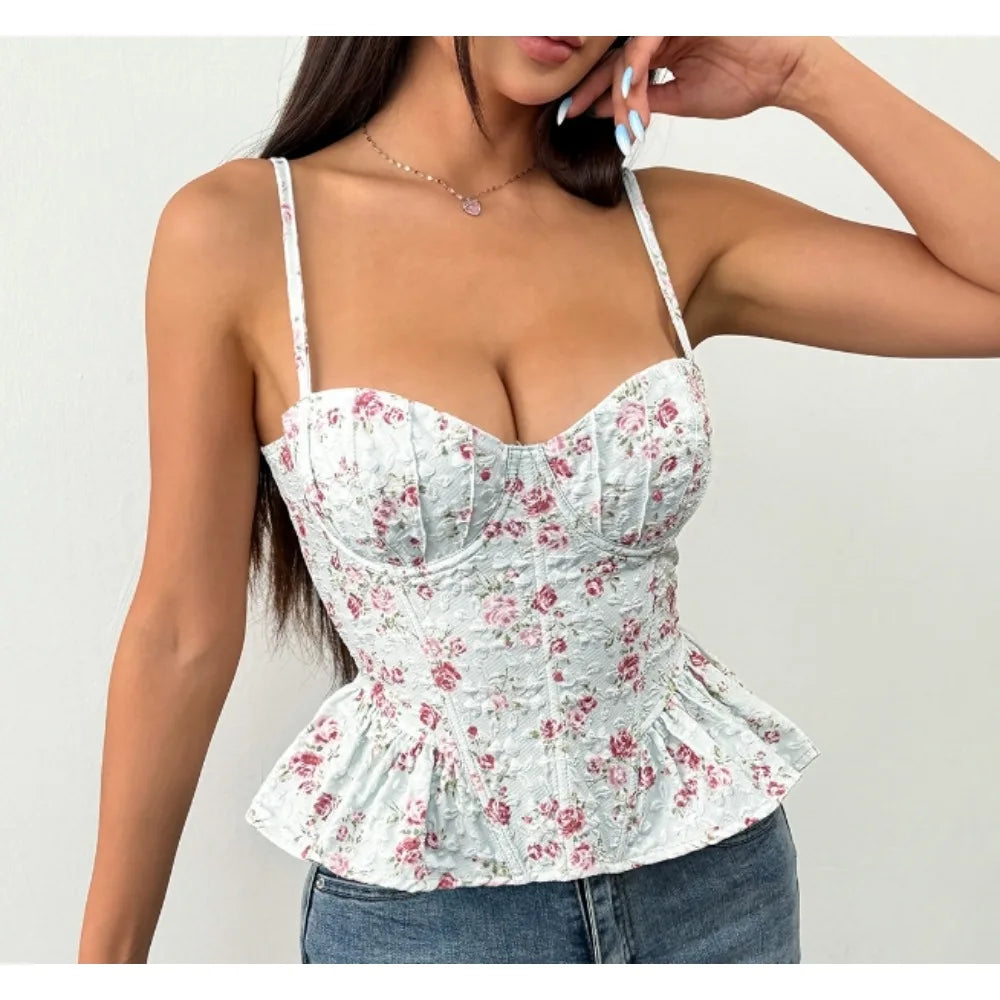 Women's Floral Print Crop Top with Ruffle Details and Cropped Length