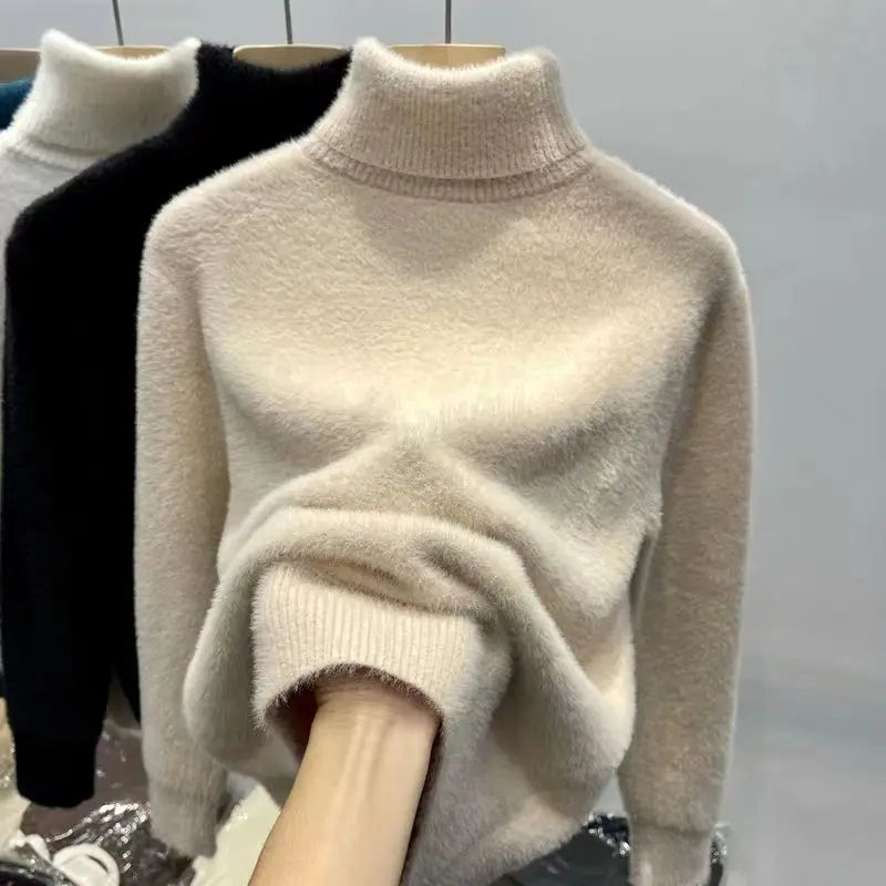 Women's Fluffy Roll Neck Long Sleeve Sweater Casual Knit Layer
