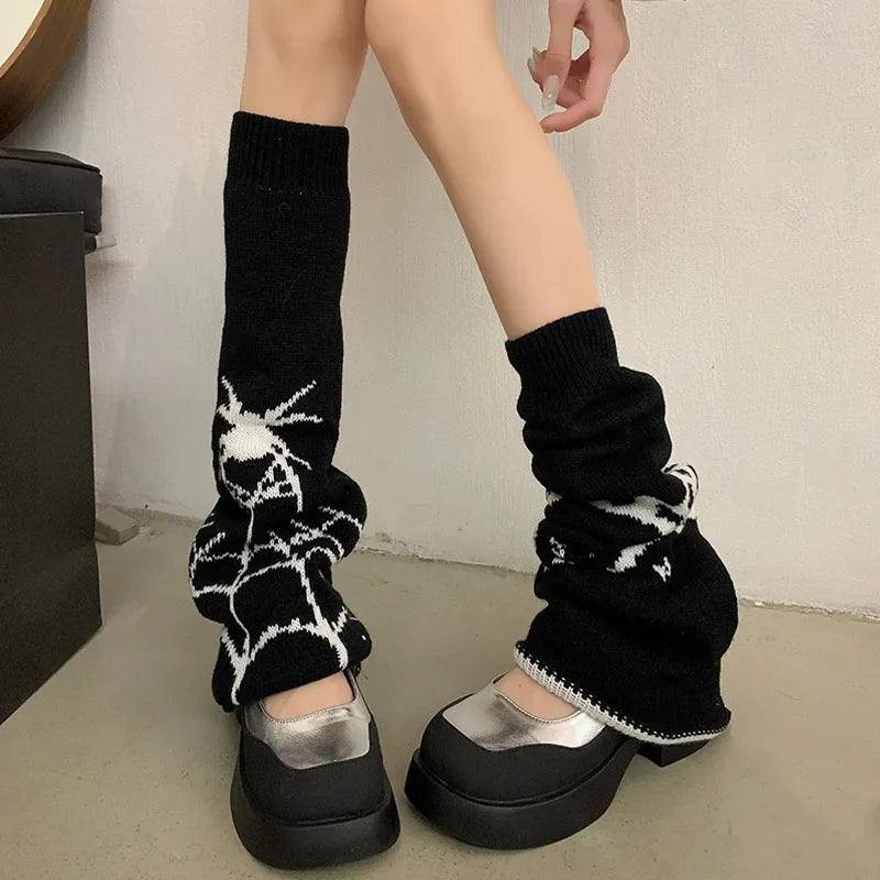 Patterned Knit Leg Warmers with Spiderweb and Heart Designs