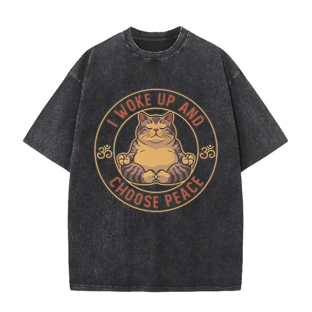 Retro Beige Zen Yoga Tabby Cat Om Symbol Acid Wash Oversized Streetwear Tee