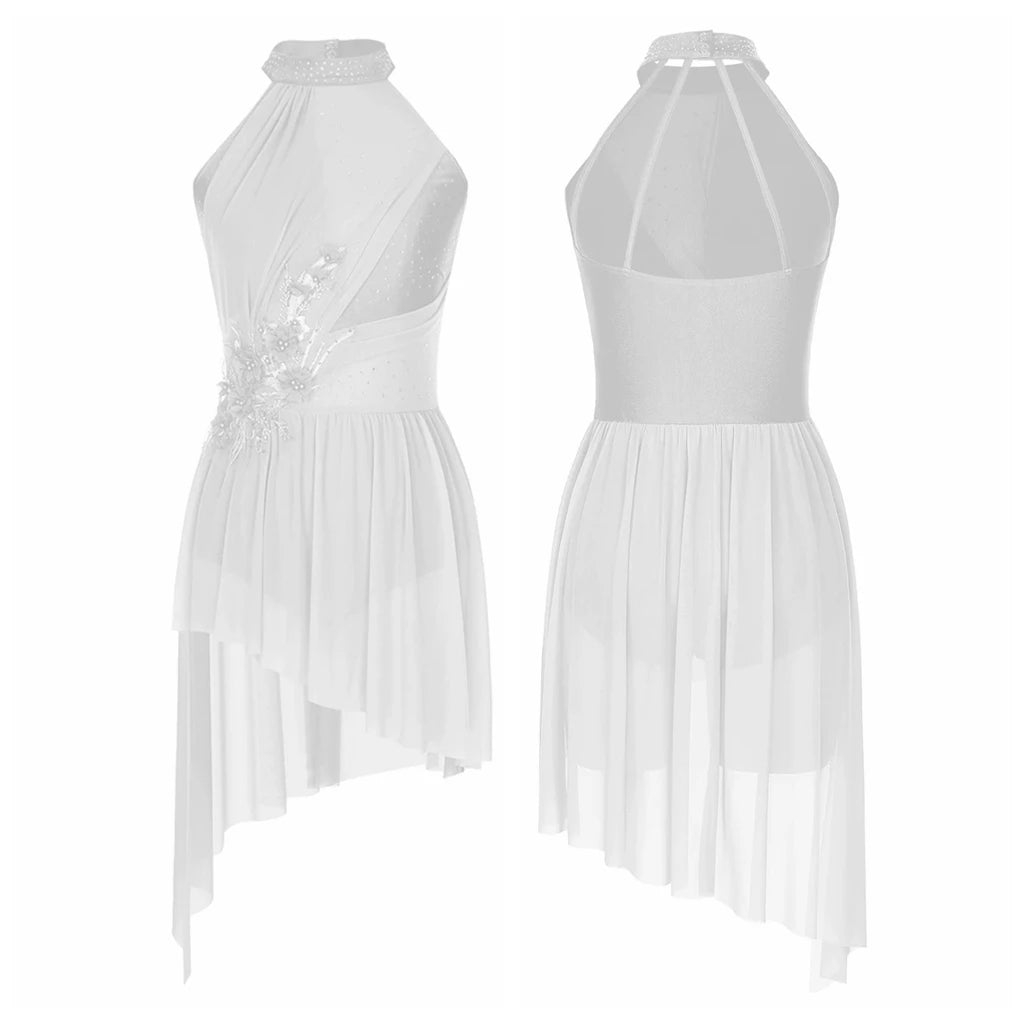 Women's High-Low Dance Dress with Mesh Panels and Skirt Overlay