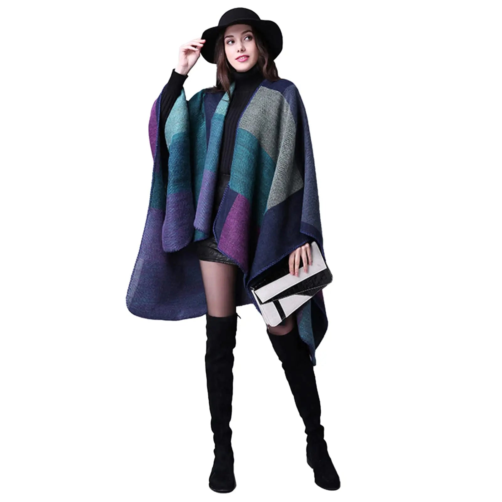 Block Plaid Open Front Poncho for Layering over Outfits