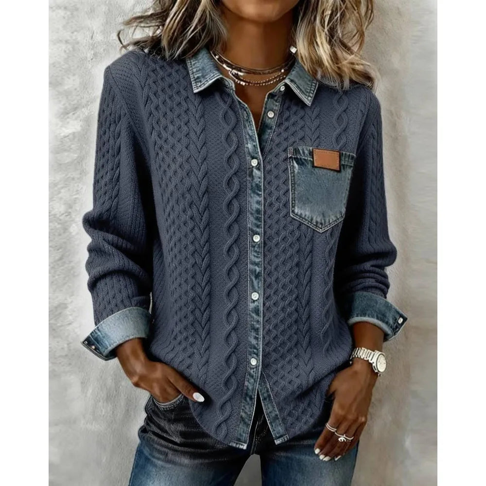 Women's Cable Knit Cardigan with Denim Look Panels