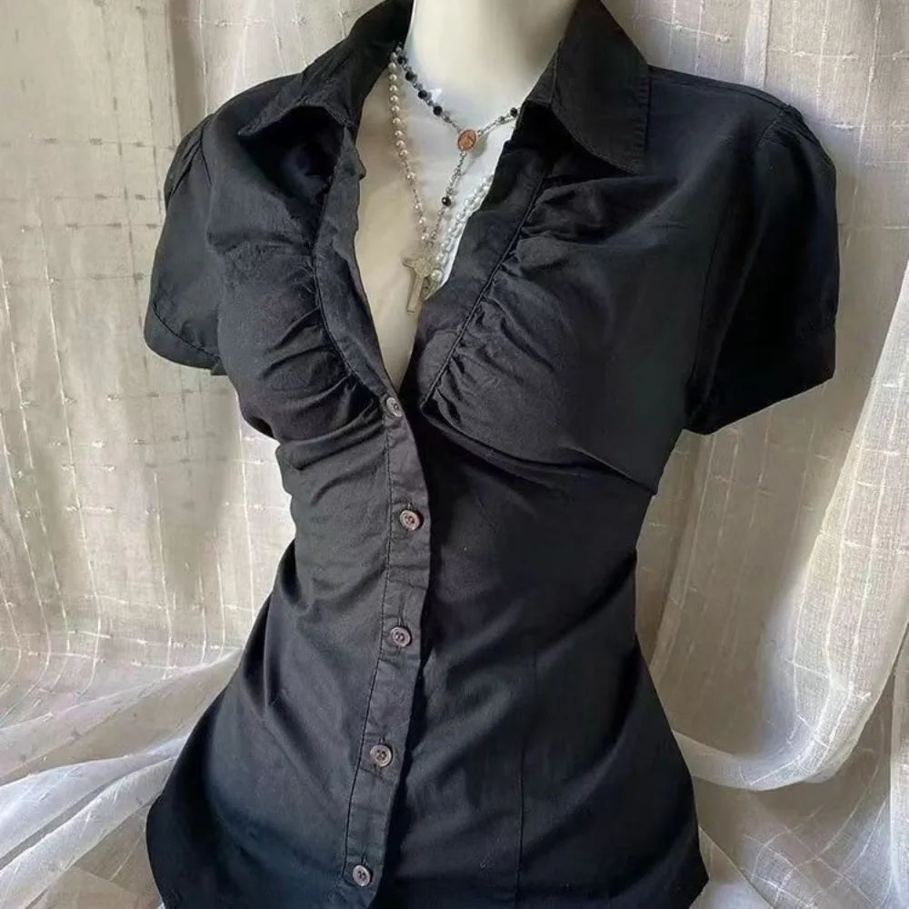 Women's Fitted Ruffle Detail Short Sleeve Shirt