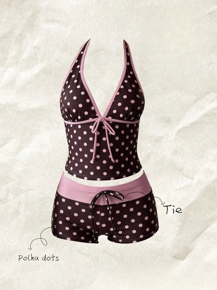 Polka Dot Halter Tankini with Swim Shorts