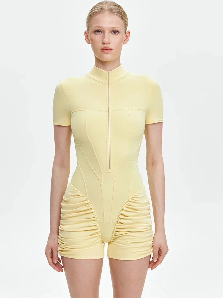 Women's Ruched Short Sleeve Polyester Blend Romper with a Front Zip