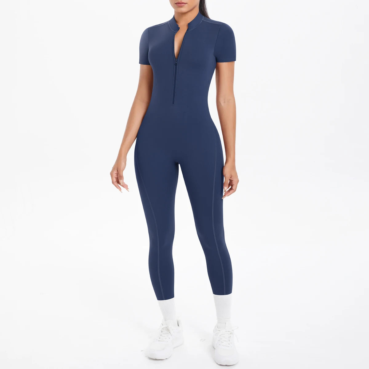 Women's Zip Front Nylon Blend Workout Jumpsuit with Open Back and Sleeve Options