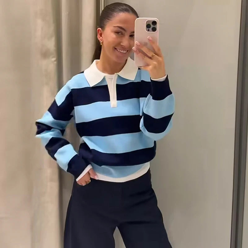 Women's Striped Polo Collar Loose Fit Sweater Casual Knit Layer