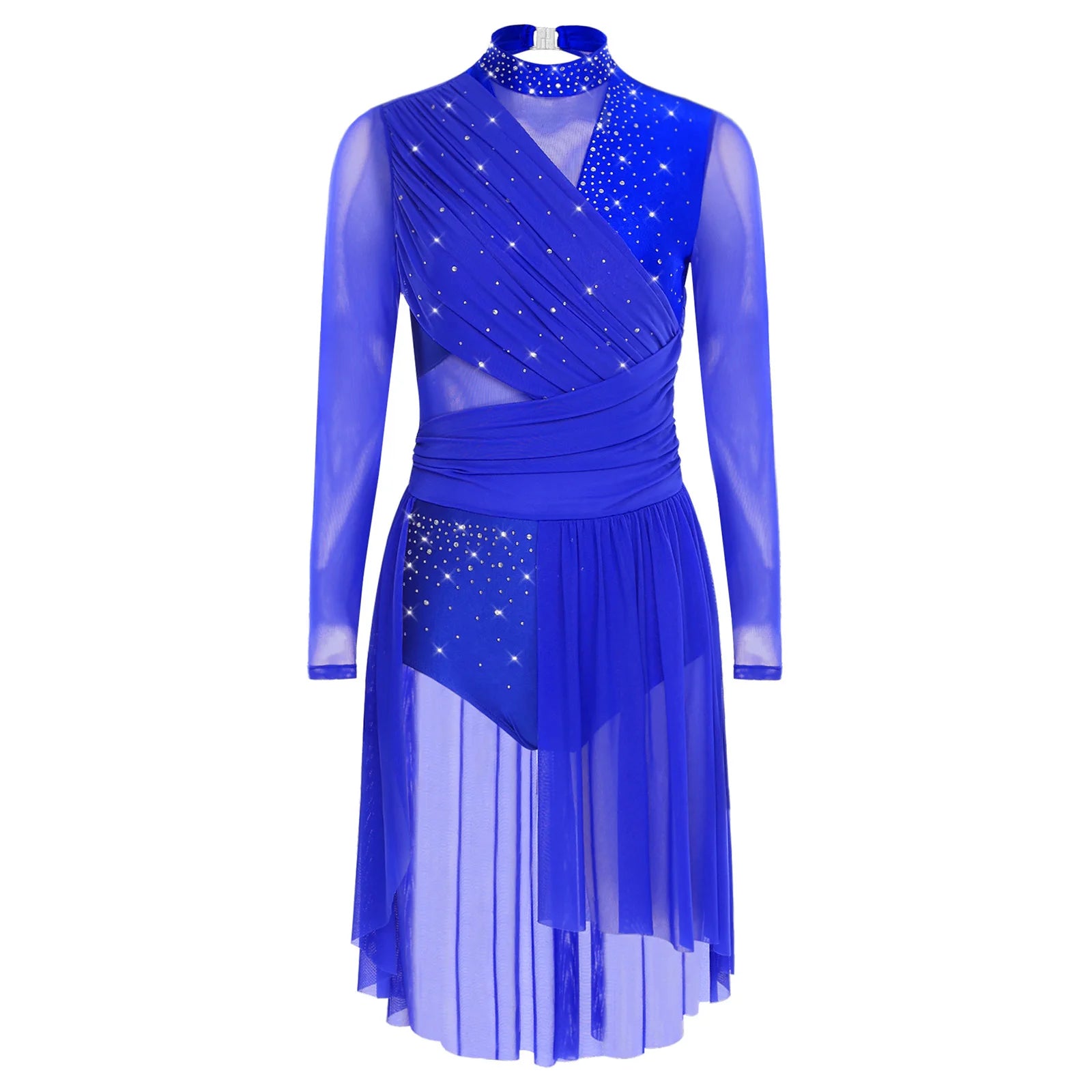 Women's Long Sleeve Rhinestone Dance Dress with Open Back and Split Skirt