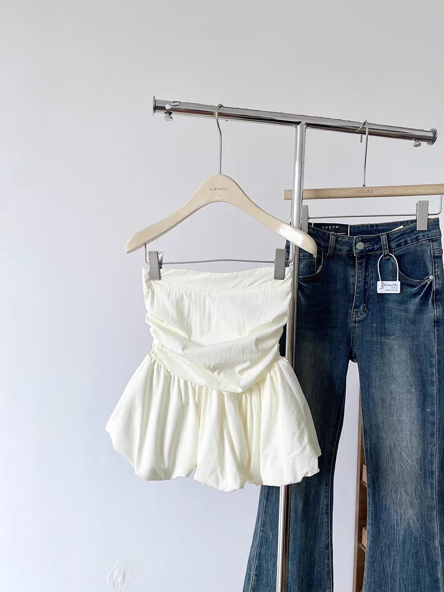 Women's Ruched Strapless Peplum Crop Top with a Gathered Waist