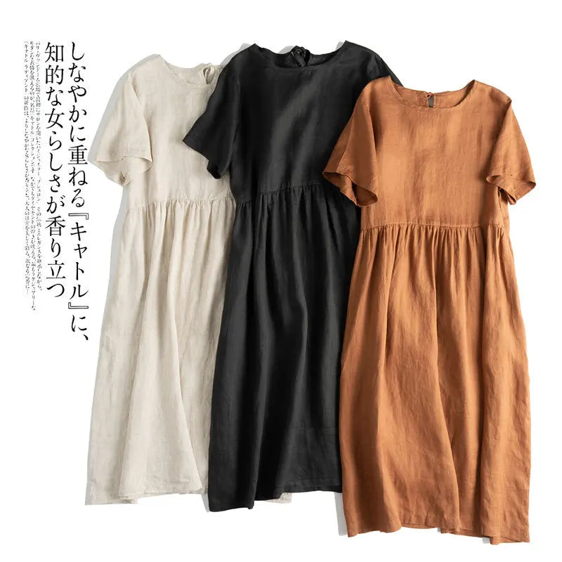Women's Cotton-Linen Round-Neck Short-Sleeve Loose A-Line Midi Dress with Pockets for Summer