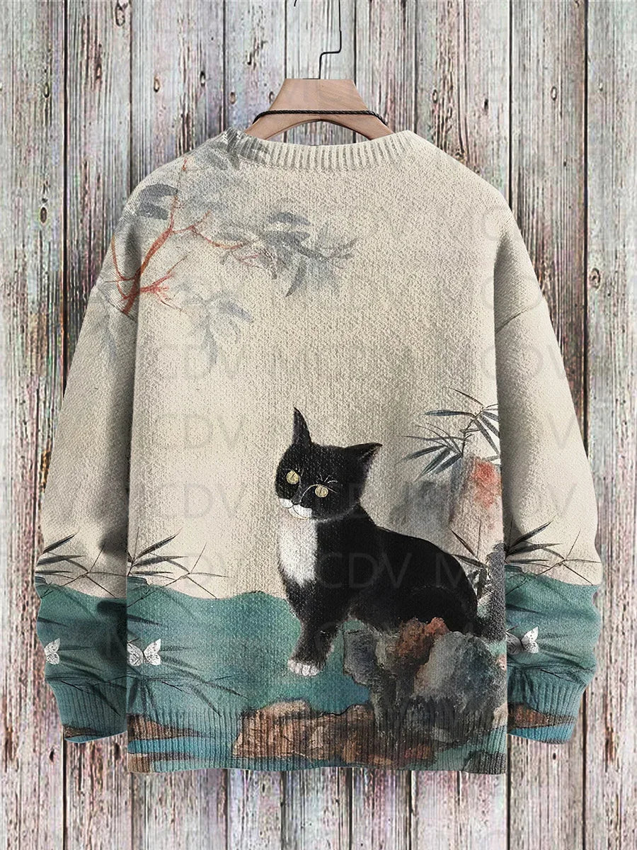 Japanese Art-Print Crewneck Knit Sweater