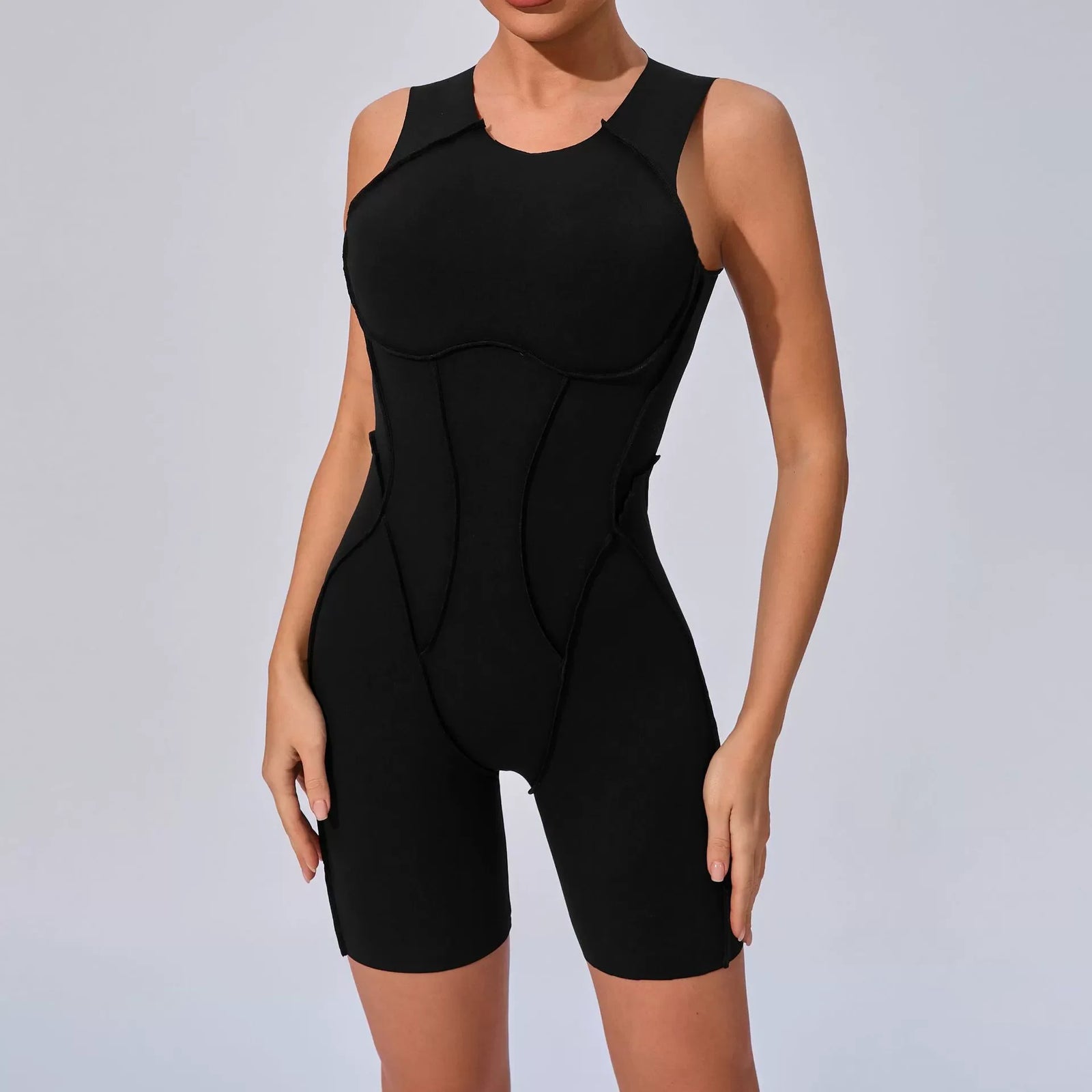 Women's High Neck Nylon Workout Romper with Racerback and Contrast Seams