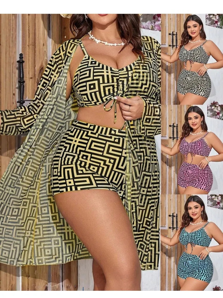 Women's Geometric Print Bikini Shorts Set with Long Sleeve Cover Up