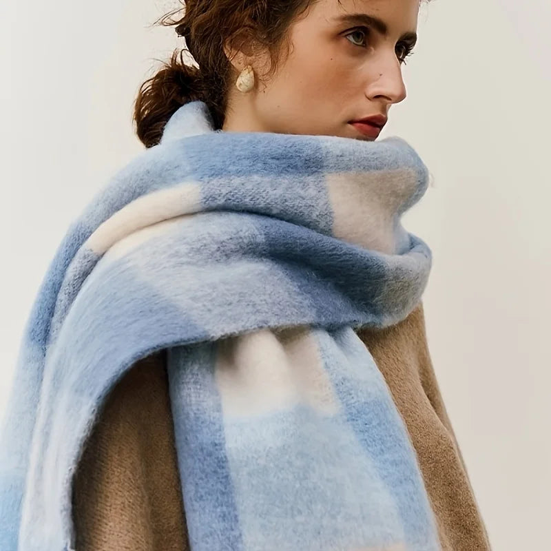 Multicolor Plaid Scarf with Long Shape and Fringed Ends