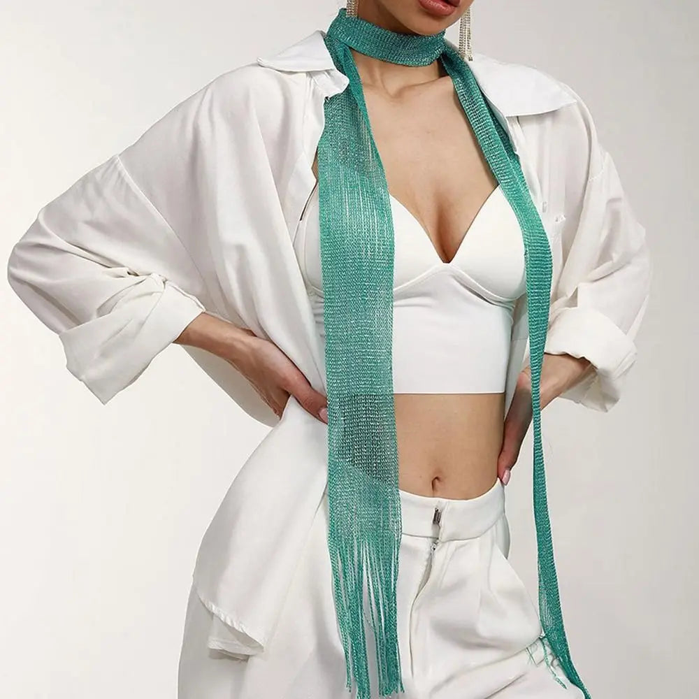 Sheer Long Narrow Scarf with Shimmer and Tassel Ends