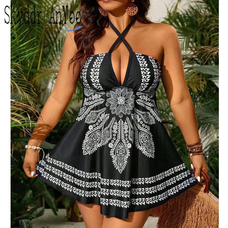 Women's Printed Cross Strap Halter Skirted Swimdress Bathing Suit