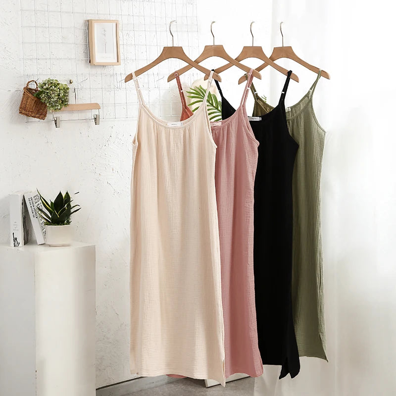 Women's Cotton Sleeveless Loose A-Line Ankle-Length Dress with Straps for Casual Outfits
