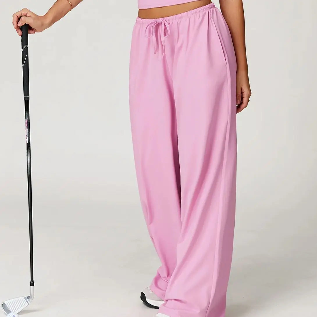 Women's Drawstring Waist Polyester Blend Palazzo Pants with Loose Wide Legs