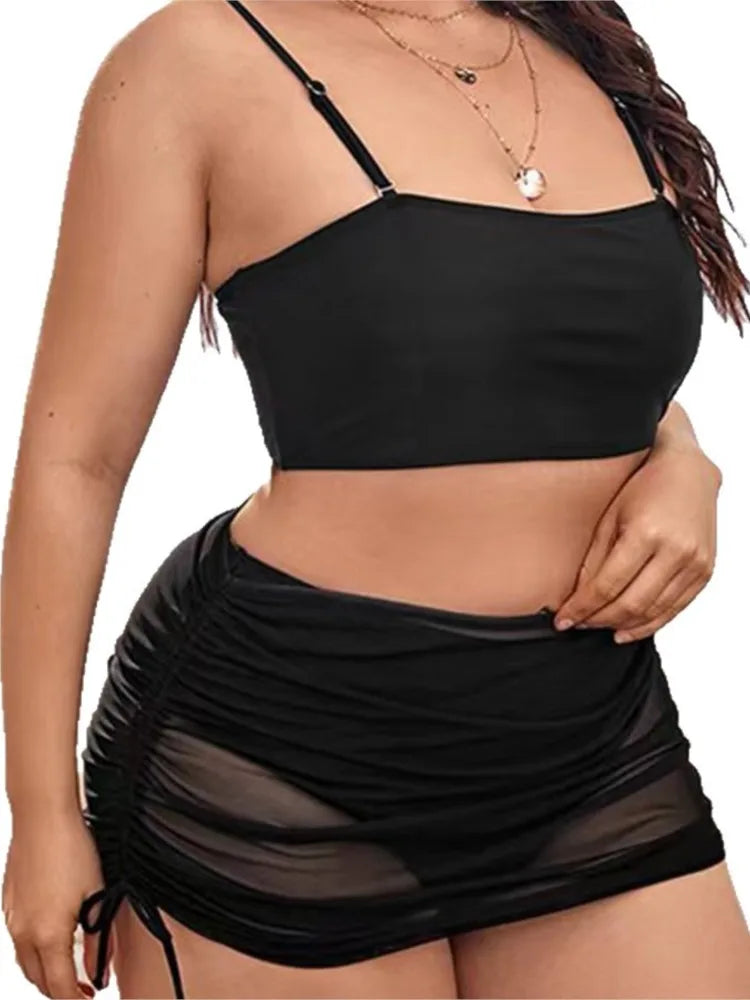 Women's Strappy Bandeau Bikini Set with Ruched Mesh Shorts