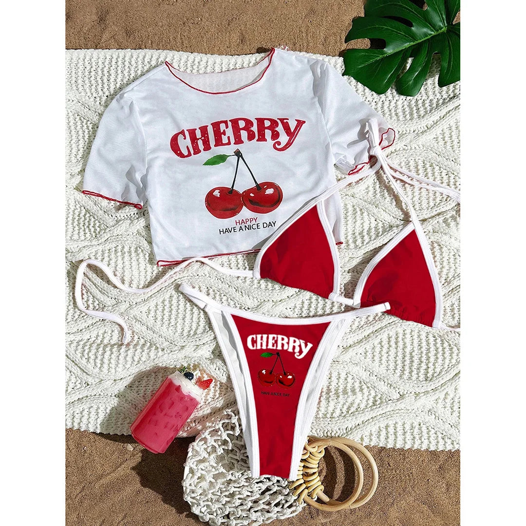 Cherry Print Bikini with Short Sleeve Cover-Up