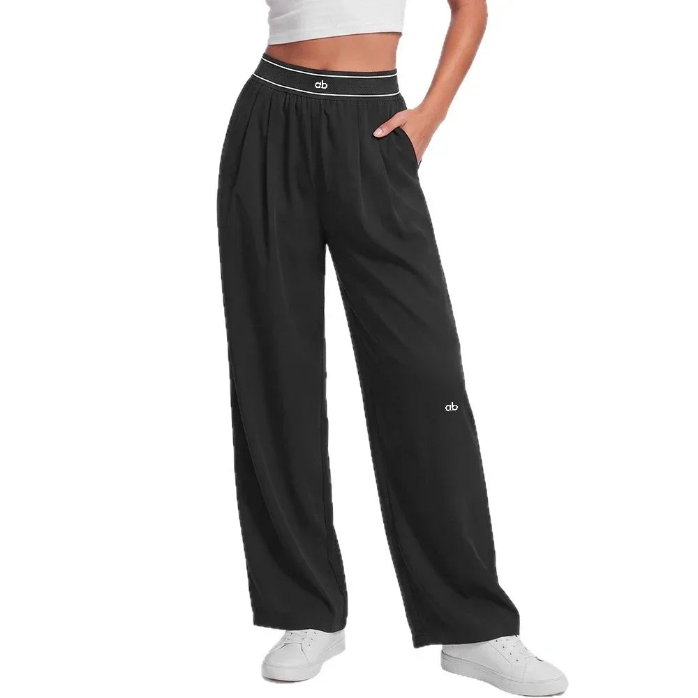 Women's Drawstring Waist Polyester Blend Wide Leg Pants for Casual Workouts