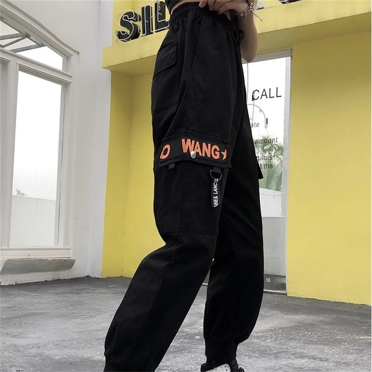 Women's Black Cargo Joggers with Pocket Tabs and Gathered Lower Legs