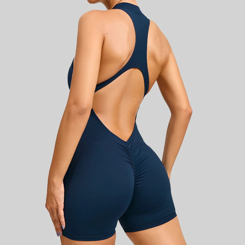 Women's Halter Neck Nylon Blend Workout Romper with Front Zipper and Racerback