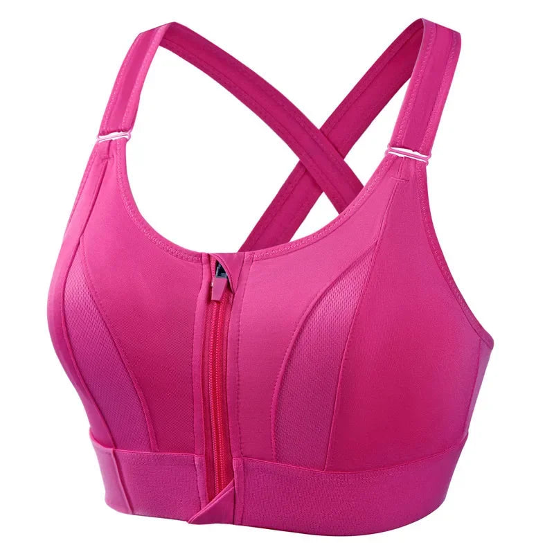 Women's Front Zip Cross Back Sports Bra