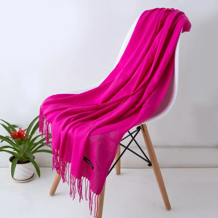 Solid Long Rectangular Scarf with Fringed End Trim