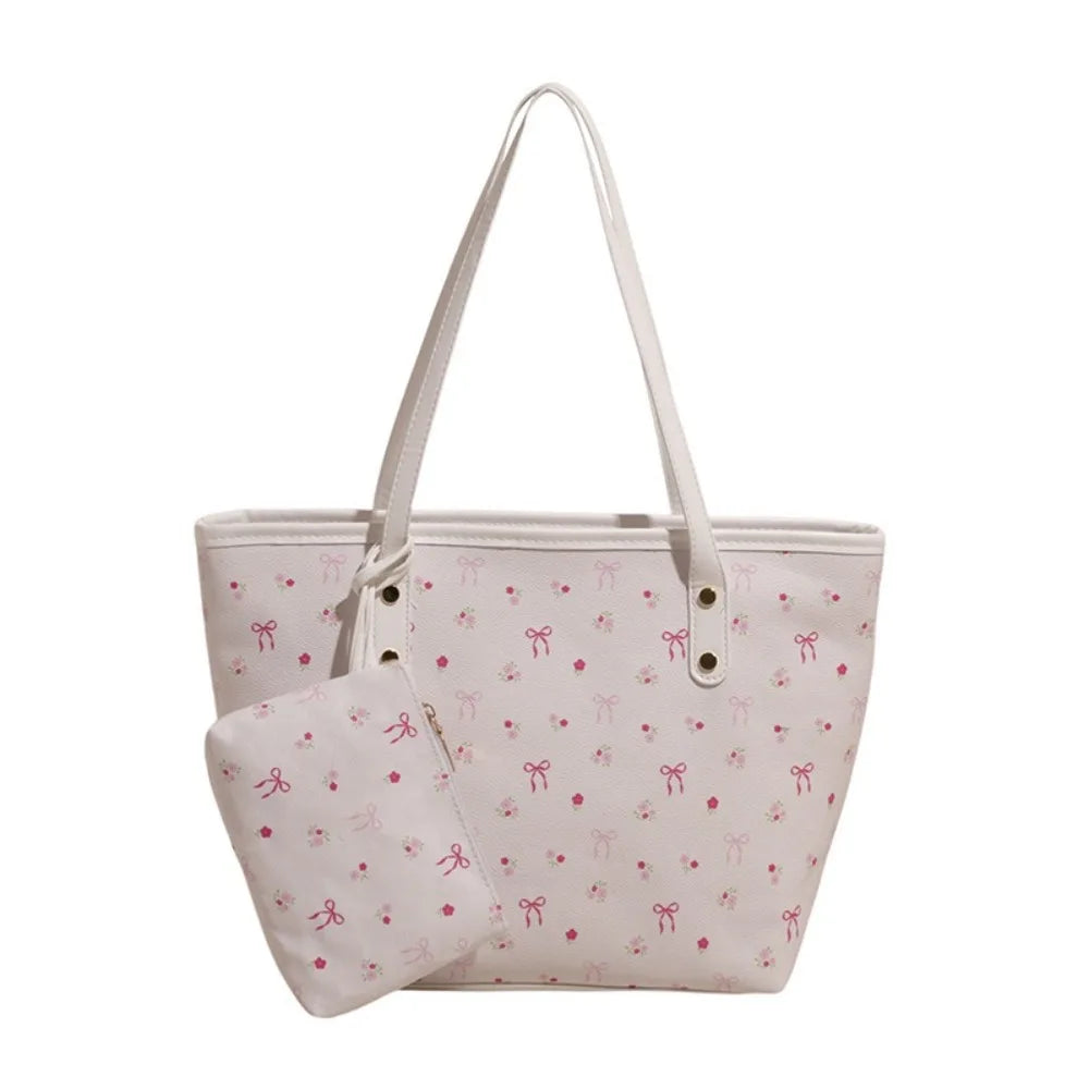 Women's Bow Print Tote Bag with Long Handles and Zipper Closure