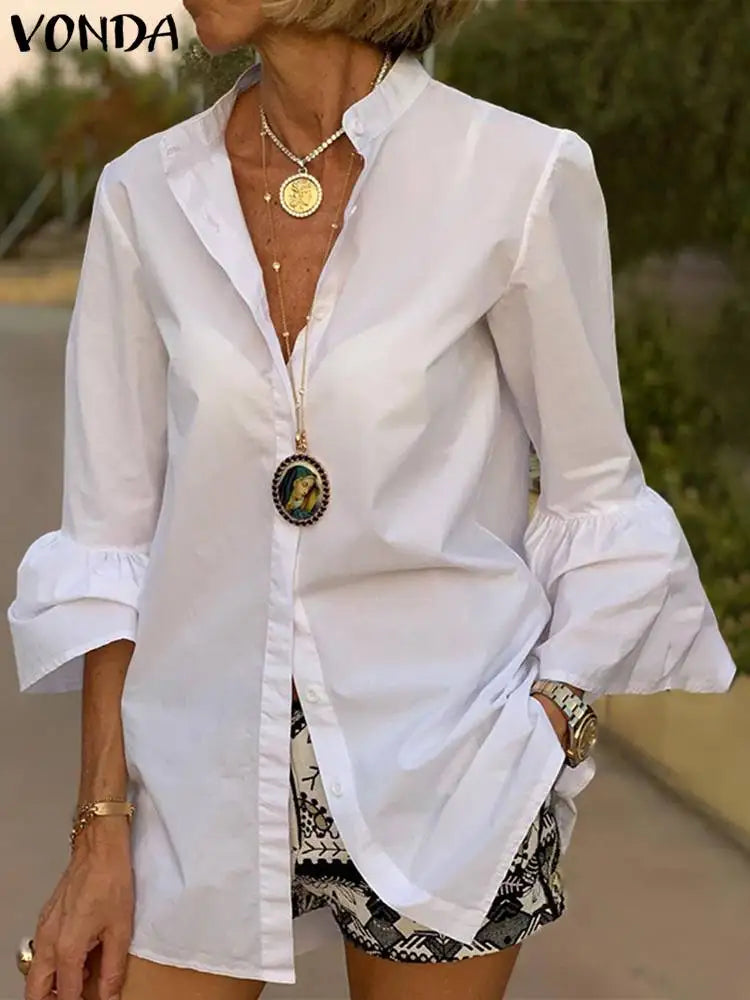 Women's Split Neck Blouse with Flared Three Quarter Sleeves