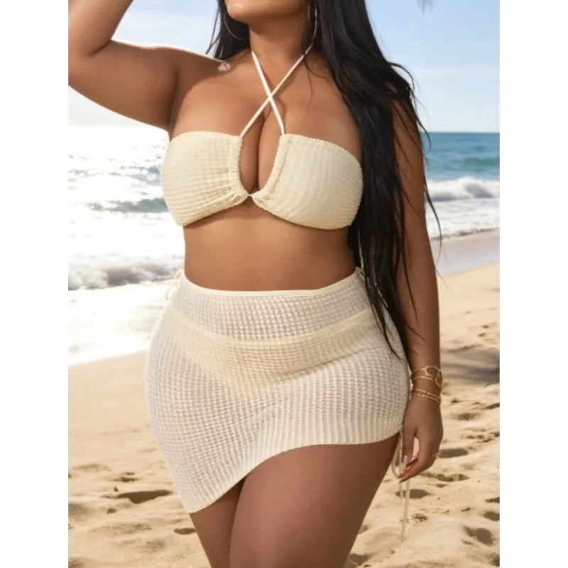 Women's Textured Halter Bikini Set with Matching Ruched Mini Skirt