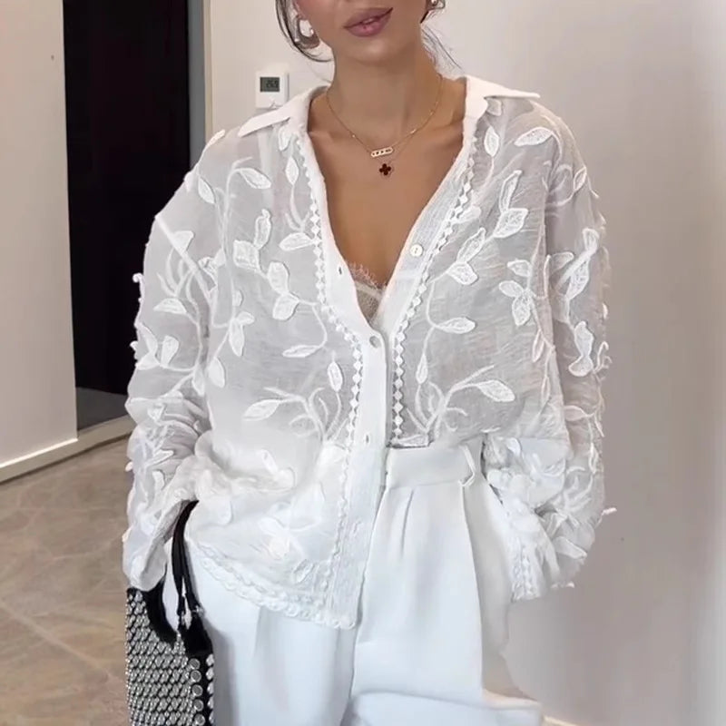 Women's Embroidered Sheer Long Sleeve Shirt